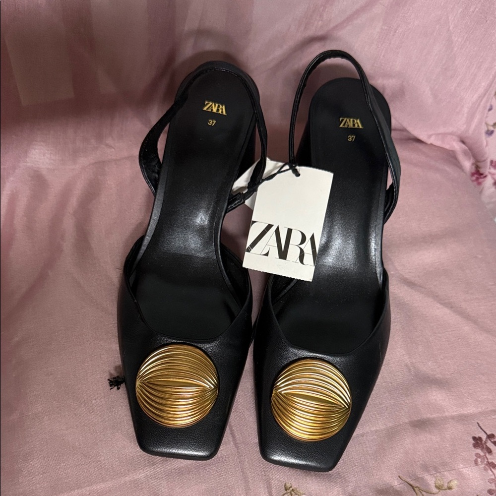 Zara Black Heels with Gold Accents